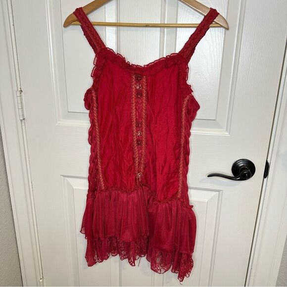 Pretty Angel Red Rosette Appliqué Floral Lace Linen Blend Tunic Mini Dress Sz M - Picture 1 of 11